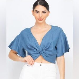 Haute Monde Tencel Boho Cozy Cottage Denim Knot-Front Top Sizes S M L New NWT